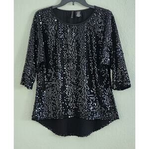 TOP-NUE OPTIONS-Black Sequins-Shirt Tail Bottom-3/4 Sleeves-Reflective-Size MED